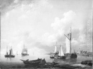 Een riviergezicht bij stil weer, op de voorgrond schippers die een boot van wal steken by Hermanus Koekkoek