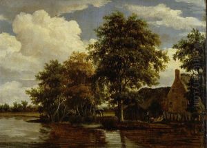 Een boerenwoning aan een wetering-Farmhouse by the Water by Meindert Hobbema