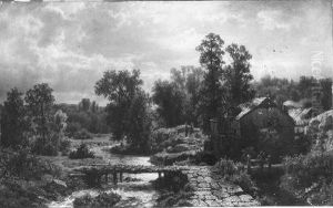 Een watermolen in een boomrijk landschap bij regenachtig weer by Andreas Achenbach