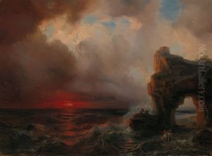 Stormweer bij ondergaande zon by Theodore Gudin