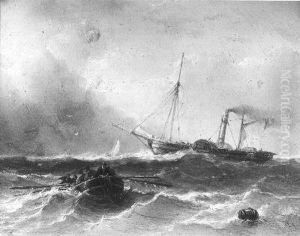 Woelig water, in de verte een stoomboot