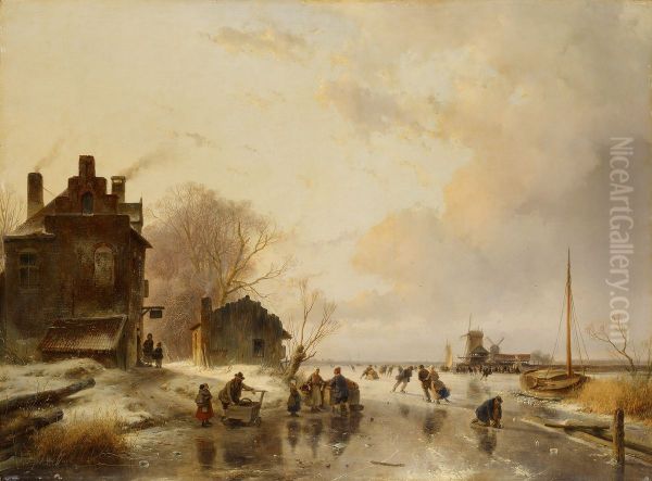 Een boerenherberg en eene schuur aan eene bevrozen rivier, rijk gestoffeerd met ijssleden en schaatsenrijders - view 1