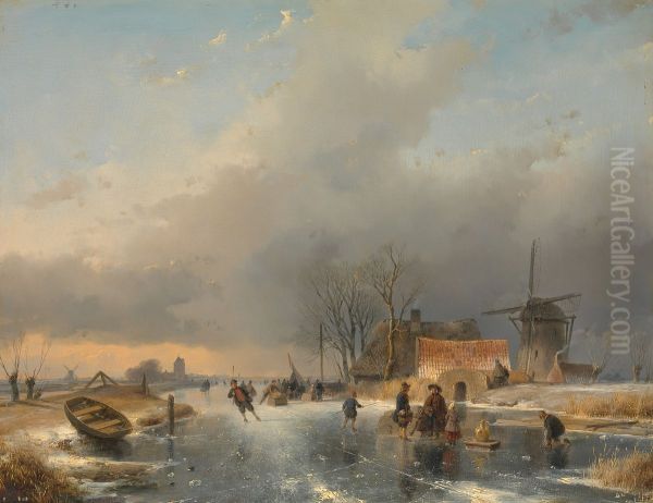 Een winterlandschap, rechts een molen en woningen bij een bevroren vaart - view 1