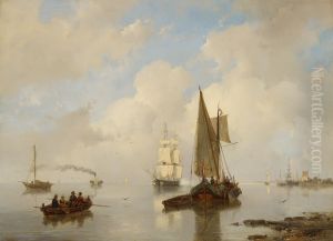 De Zeeuwsche stroomen bij stil weder, in 't verschiet eene stoomboot"