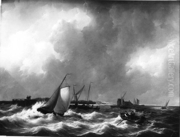 Het havenhoofd te Bath bij onstuimig weer, links een uitzeilende Tholense boot - view 1