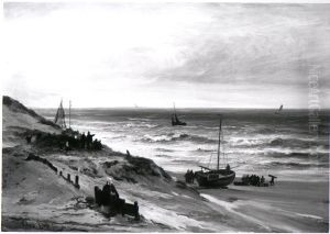 Het strand bij Scheveningen bij regenachtig weer by Johannes Adrianus Van Der Drift