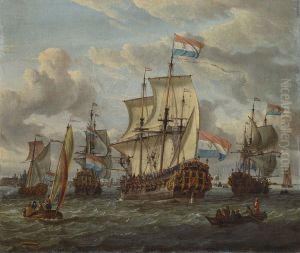 Het fregat Pieter en Paul op het IJ-Het met medewerking van czaar Peter de Grote in januari 1698 voltooide fregat Pieter en Paul op het IJ-The Frigate 'Peter and Paul' on the river IJ by Abraham Storck