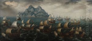 Een vloot van de Verenigde Oostindische Compagnie voor de kust van West-Afrika by Adam Willaerts