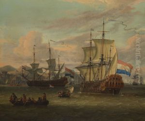 Hollandse straatvaarders bij een haven aan de Middellandse Zee-Hollandse straatvaarders bij een Middellandse-Zeehaven-Zeegezicht by Abraham Storck