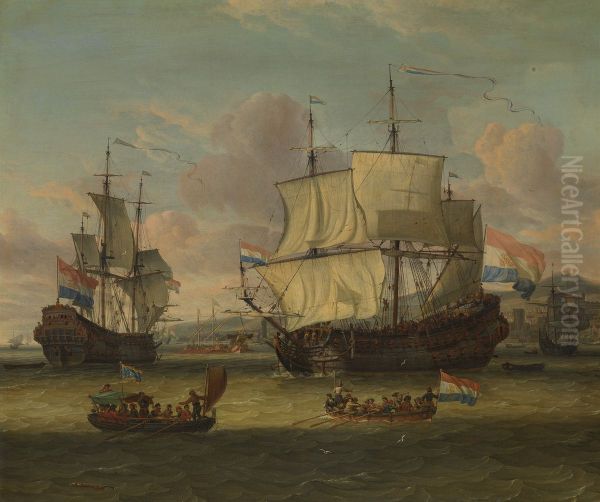 Hollandse straatvaarders bij een haven aan de Middellandse Zee-Hollandse straatvaarders bij een Middellandse-Zeehaven-Dutch Ships in a Mediterranean Roadstead - view 1