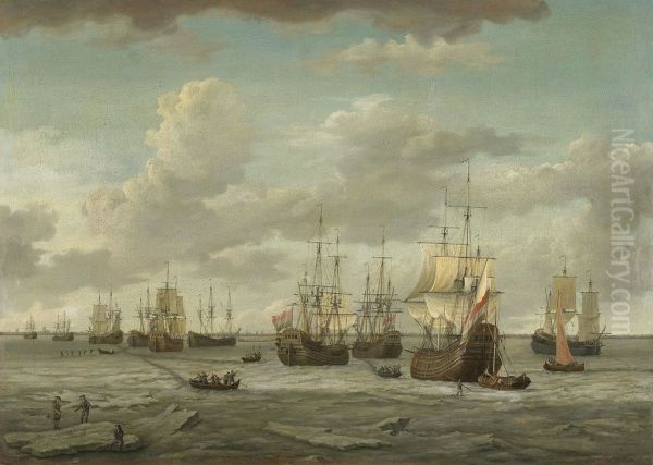 Het IJ met een vloot walvisvaarders gezien vanaf het bolwerk Blauwhoofd-Het bevroren IJ in de winter van 1728/29 met vastgevroren walvisvaarders, van het Blauwhoofd af gezien-Whalers in the Frozen Port of Amsterdam - view 1