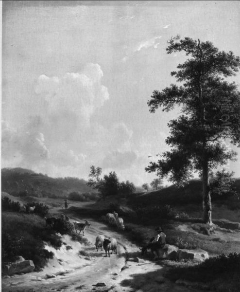 Een herder met schapen in een heuvelachtig landschap - view 1