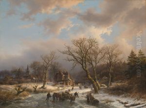 Een dorp en een oud gebouw in een boomrijk landschap aan een bevroren water
