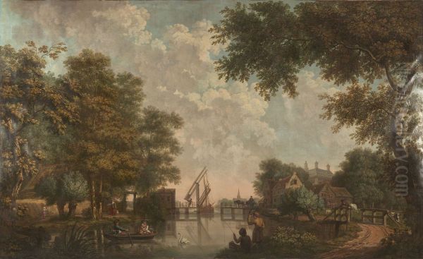Vijf behangsels met Hollandse landschappen en een trompe-l'oeil van een sierpot, behorend bij de zaal van de Nieuwe Doelenstraat 22 - view 1