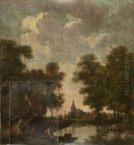 Behangsel met Hollands landschap, behorend bij de zaal van de Nieuwe Doelenstraat 22 by Jurriaen Andriessen