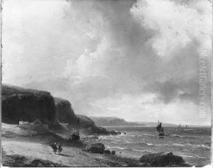 Gezicht op de Franse kust bij helder weer by Andreas Schelfhout