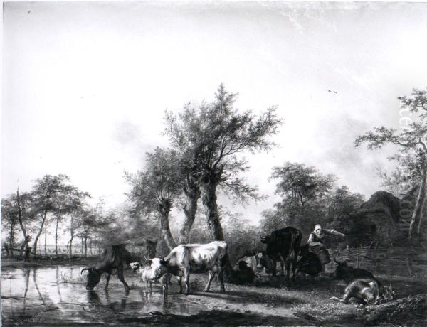 Een Hollands landschap, links rundvee bij een water, rechts een boerin, bezig met melken - view 1