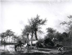 Een Hollands landschap, links rundvee bij een water, rechts een boerin, bezig met melken by Jan Kobell II