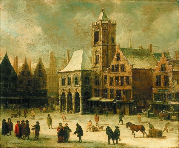 De Dam met het oude stadhuis-Gezicht op de Dam met het oude stadhuis bij winter-The Old Town Hall on Dam Square - view 1