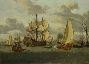 Czaar Peter de Grote aan boord van zijn jacht op weg naar de Pieter en Paul-Het fregat Pieter en Paul op het IJ-The Peter and Paul frigate on the IJ