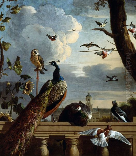 Vogels bij een balustrade met in de achtergrond het Stadhuis-Birds around a Balustrade, with the Town - view 1