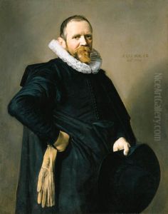 Portret van een man met een zwarte hoed in de hand by Frans Hals