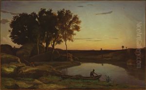 Paysage avec lac et passeur by Jean-Baptiste Camille Corot