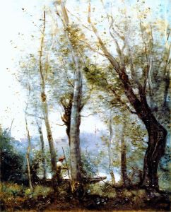 Boatman from Behind the Trees On the Shore by Jean-Baptiste Camille Corot