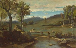 Campagne Romaine - Vallee rocheuse avec un troupeau by Jean-Baptiste Camille Corot