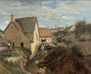Cottages and a Mill on the Banks of a Stream by Jean-Baptiste Camille Corot