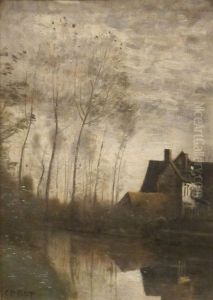 A River Scene with Houses and Poplars by Jean-Baptiste Camille Corot