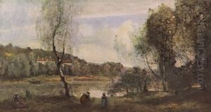 Ville d'Avray, l'etang au bouleau devant les villas by Jean-Baptiste Camille Corot