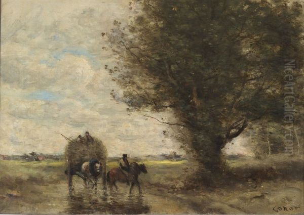 Hay wagon (the wagon moves a ford next a large tree) - view 1