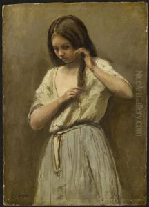 Jeune fille a sa toilette. by Jean-Baptiste Camille Corot