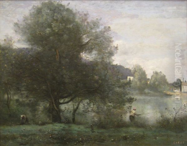 An Idyllic Spot at Ville-d'Avray-A Fisherman on the Banks of the Pond - view 1