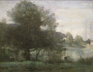An Idyllic Spot at Ville-d'Avray-A Fisherman on the Banks of the Pond by Jean-Baptiste Camille Corot