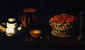 Still Life with a Basket of Cherries, Cheese and Clay Jars Still Life with a Basket of Cherries, Cheese and Clay Jars