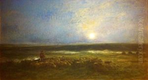 Lever de lune a Auvers ou le retour du troupeau. by Charles-Francois Daubigny
