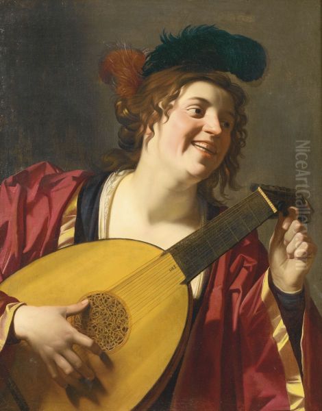 A Woman tuning a lute - view 1
