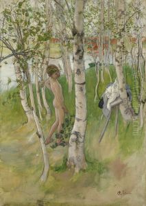 Ulf. En naken pojke mellan bjorkstammar by Carl Larsson
