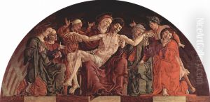 Roverella-Altar fur St. Giorgio in Ferrara, Lunettenbekronung, Szene: Pieta und Heilige by Cosimo Tura