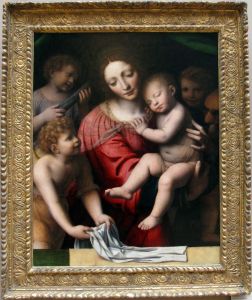Le Sommeil de l'Enfant Jesus ou La Vierge accompagnee de trois anges tenant l'Enfant Jesus endormi by Bernardino Luini