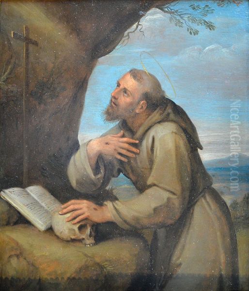 Saint Francois d'Assise en oraison devant un crucifix - view 1