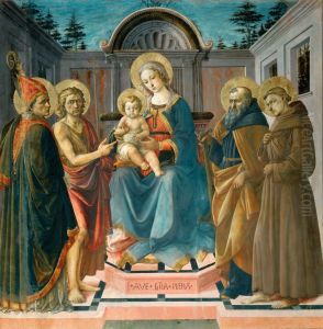 La Vierge et l'Enfant entre saint Zenobe (?), saint Jean-Baptiste, saint Antoine abbe et saint Francois d'Assise. by Pesellino