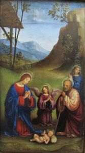 L'Adoration de l'Enfant en presence du jeune saint Jean Baptiste et d'un ange
