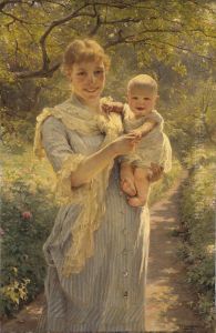 Ung mor med barn i tradgard by Bertha Wegmann
