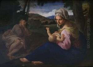 Le repos pendant la fuite en Egypte avec saint Joseph dormant by Simone Cantarini (Pesarese)