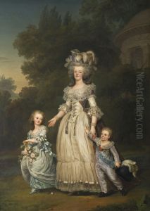 Drottning Marie Antoinette av Frankrike med tva av sina barn promenerande i Trianons park