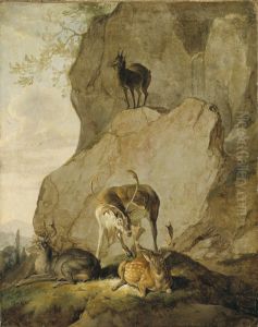 Stags in a Rocky Landscape by Carl Borromaus Andreas Ruthart