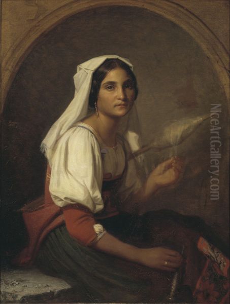 An Italian Woman Spinning Flax - view 1